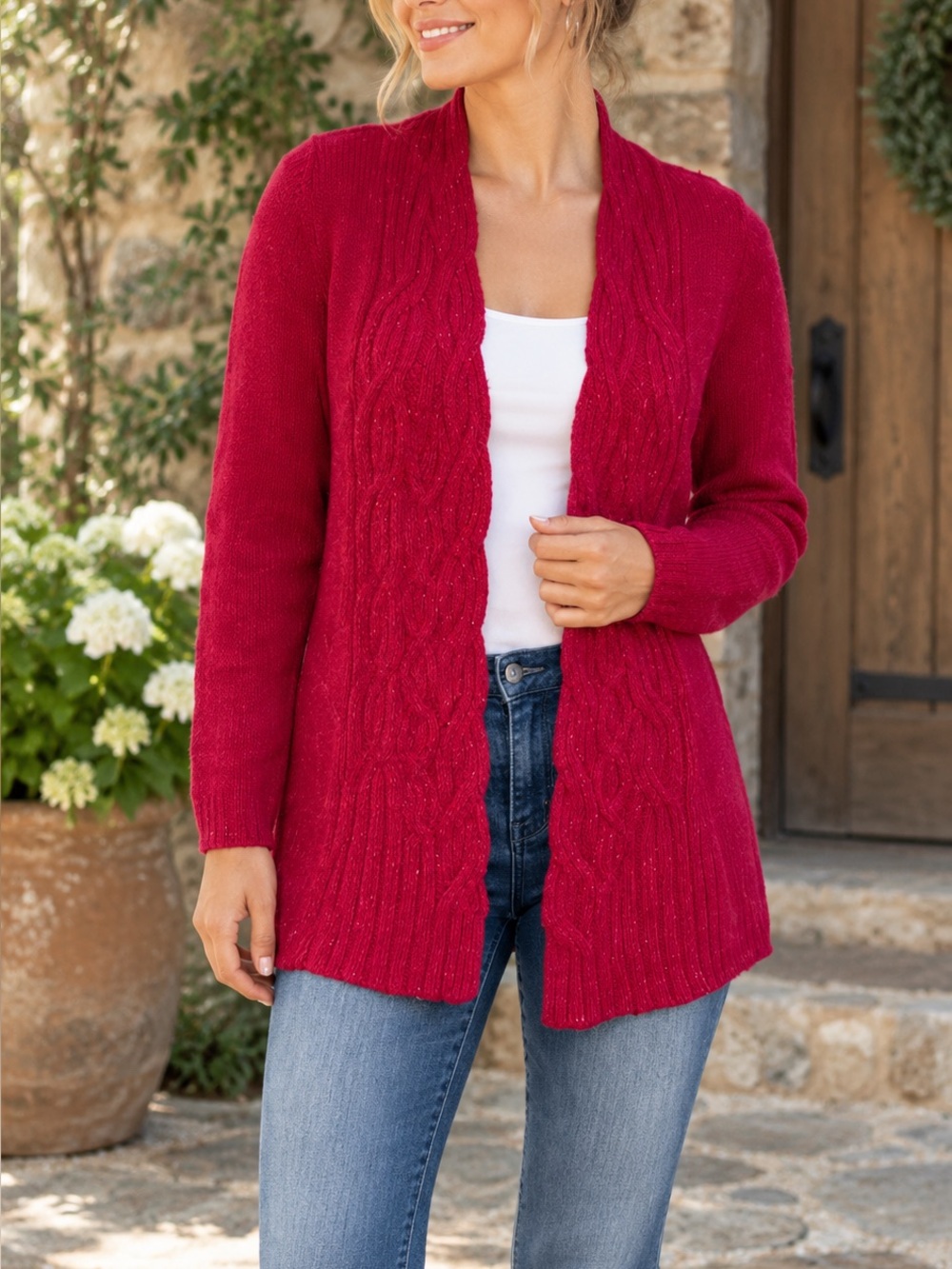 Coldwater Creek Red Cable Knit Wool Blend Open Front Cardigan Sweater M 10 12